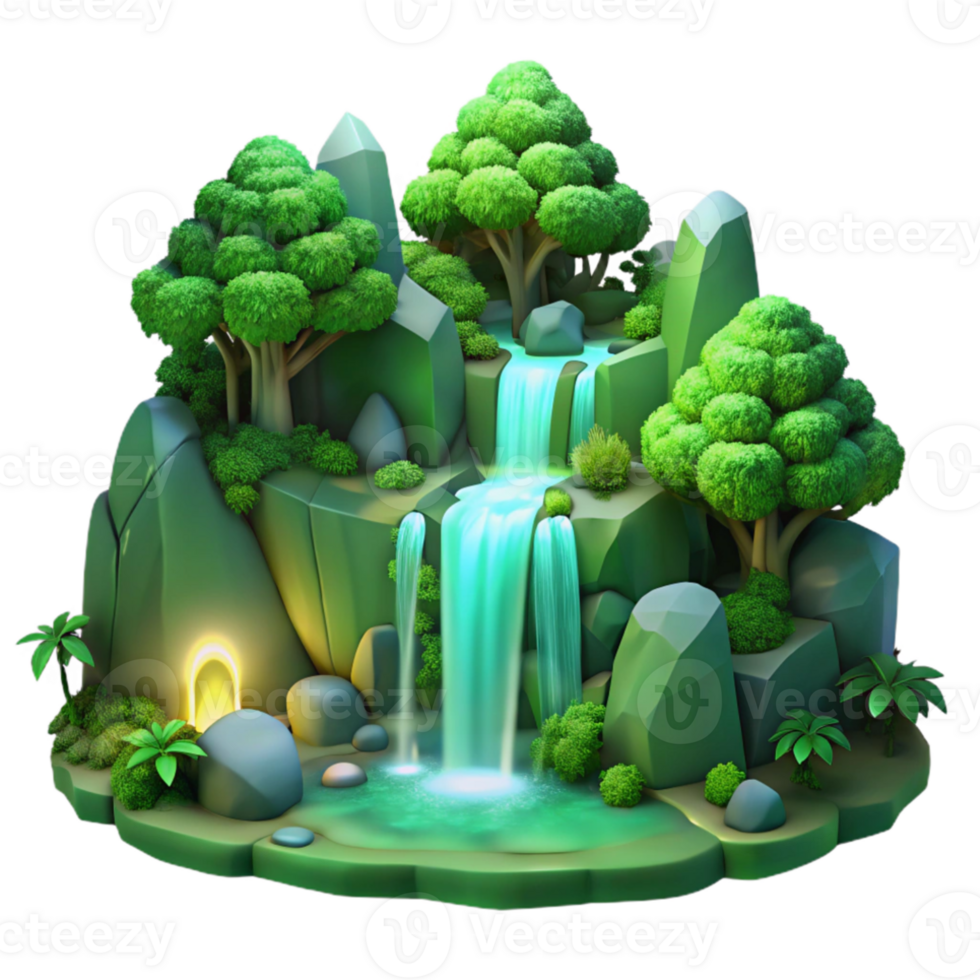 extraordinary abstract A lush green forest with a hidden waterfall, mystical atmosphere, soft lighting, fantasy art, high resolution png