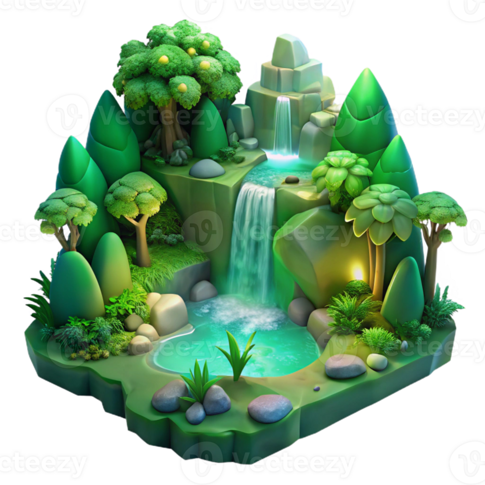 elegant modern A lush green forest with a hidden waterfall, mystical atmosphere, soft lighting, fantasy art, genuine png