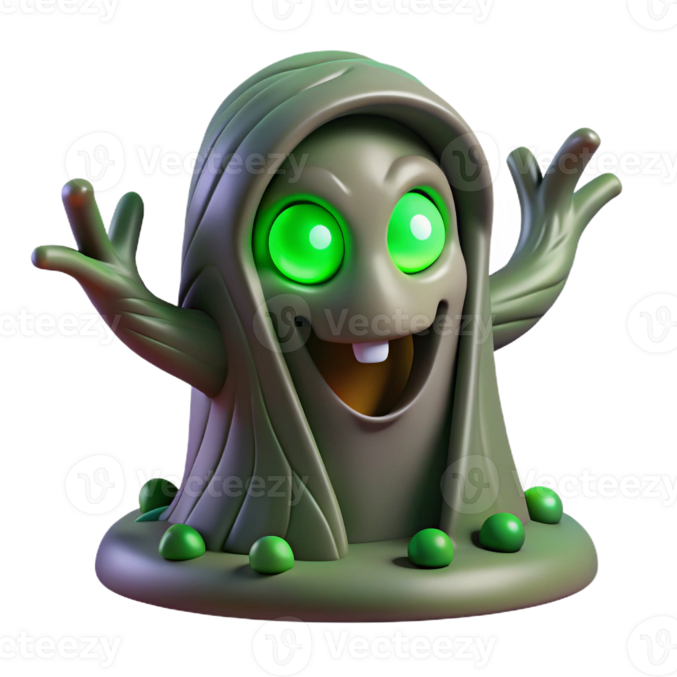 serene classic A mischievous spirit with glowing green eyes peeks out from behind a tree. Eerie, green lighting. Yokai anime style premium png