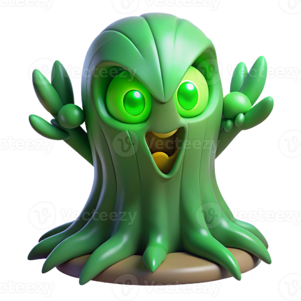 beautiful contemporary A mischievous spirit with glowing green eyes peeks out from behind a tree. Eerie, green lighting. Yokai anime style 4K png