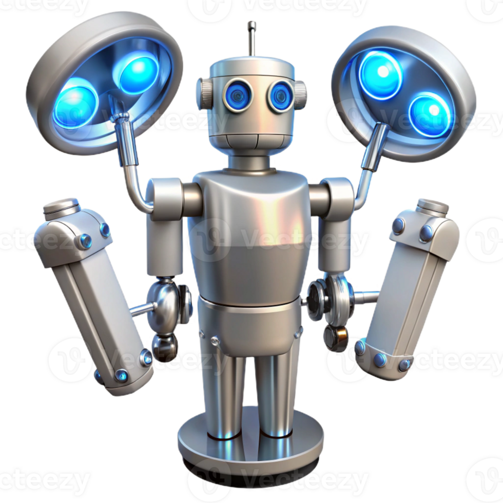 impressive rustic A sleek, chrome medical robot with multiple articulated arms, holding surgical tools, illuminated by cool blue operating room lights in a hyperrealistic style authentic png