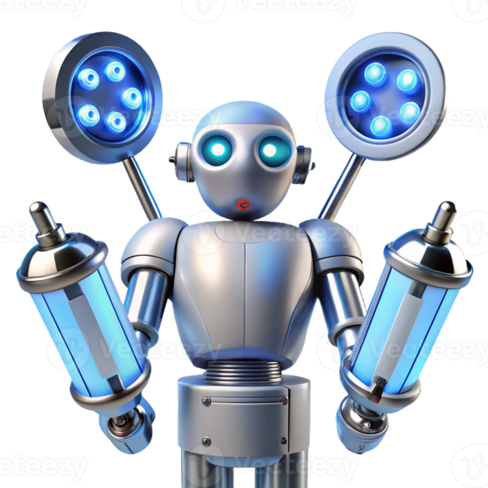 beautiful rustic A sleek, chrome medical robot with multiple articulated arms, holding surgical tools, illuminated by cool blue operating room lights in a hyperrealistic style original png