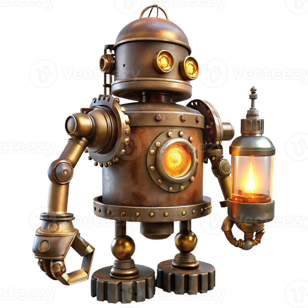 wonderful rustic A rusty, steampunk robot with exposed gears and glowing vacuum tubes, lit by flickering candlelight, in a vintage illustration style high quality png