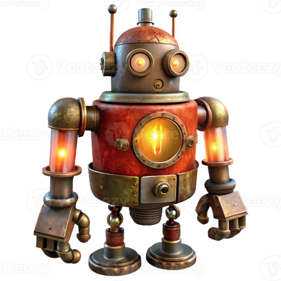 wonderful abstract A rusty, steampunk robot with exposed gears and glowing vacuum tubes, lit by flickering candlelight, in a vintage illustration style premium png