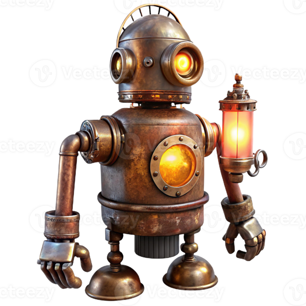 elegant vintage A rusty, steampunk robot with exposed gears and glowing vacuum tubes, lit by flickering candlelight, in a vintage illustration style premium png