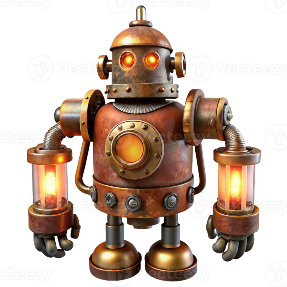 impressive vintage A rusty, steampunk robot with exposed gears and glowing vacuum tubes, lit by flickering candlelight, in a vintage illustration style premium png