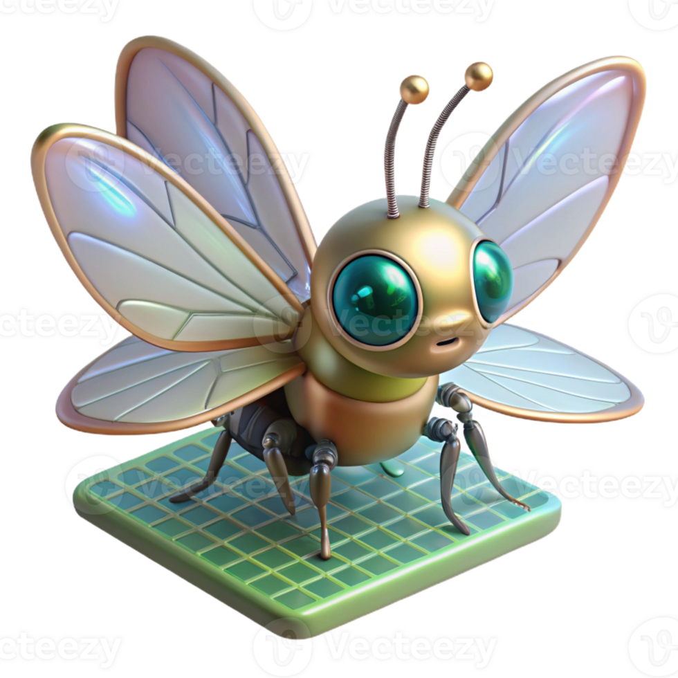 elegant traditional A tiny, insect-like robot with iridescent wings, perched on a microchip, illuminated by a scanning electron microscope, in a photorealistic style 4K png