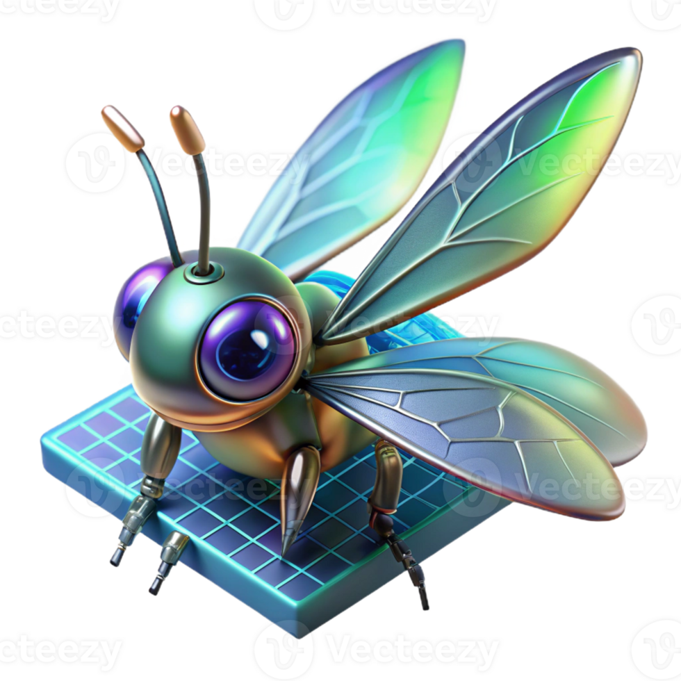 magnificent artistic A tiny, insect-like robot with iridescent wings, perched on a microchip, illuminated by a scanning electron microscope, in a photorealistic style exclusive png