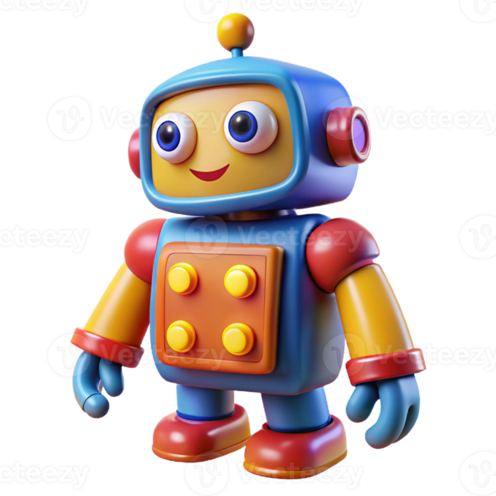 beautiful minimalist A whimsical, toy-like robot with bright primary colors and oversized buttons, illuminated by warm, playful lighting, in a cartoon style authentic png