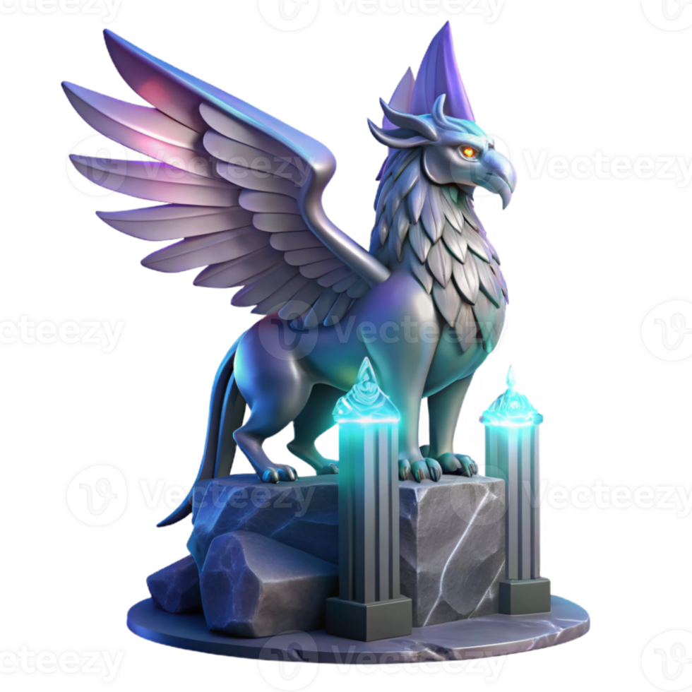 vibrant contemporary A majestic griffin with iridescent feathers, perched atop a crumbling obsidian tower, lit by a single beam of ethereal moonlight. Art Deco style authentic png