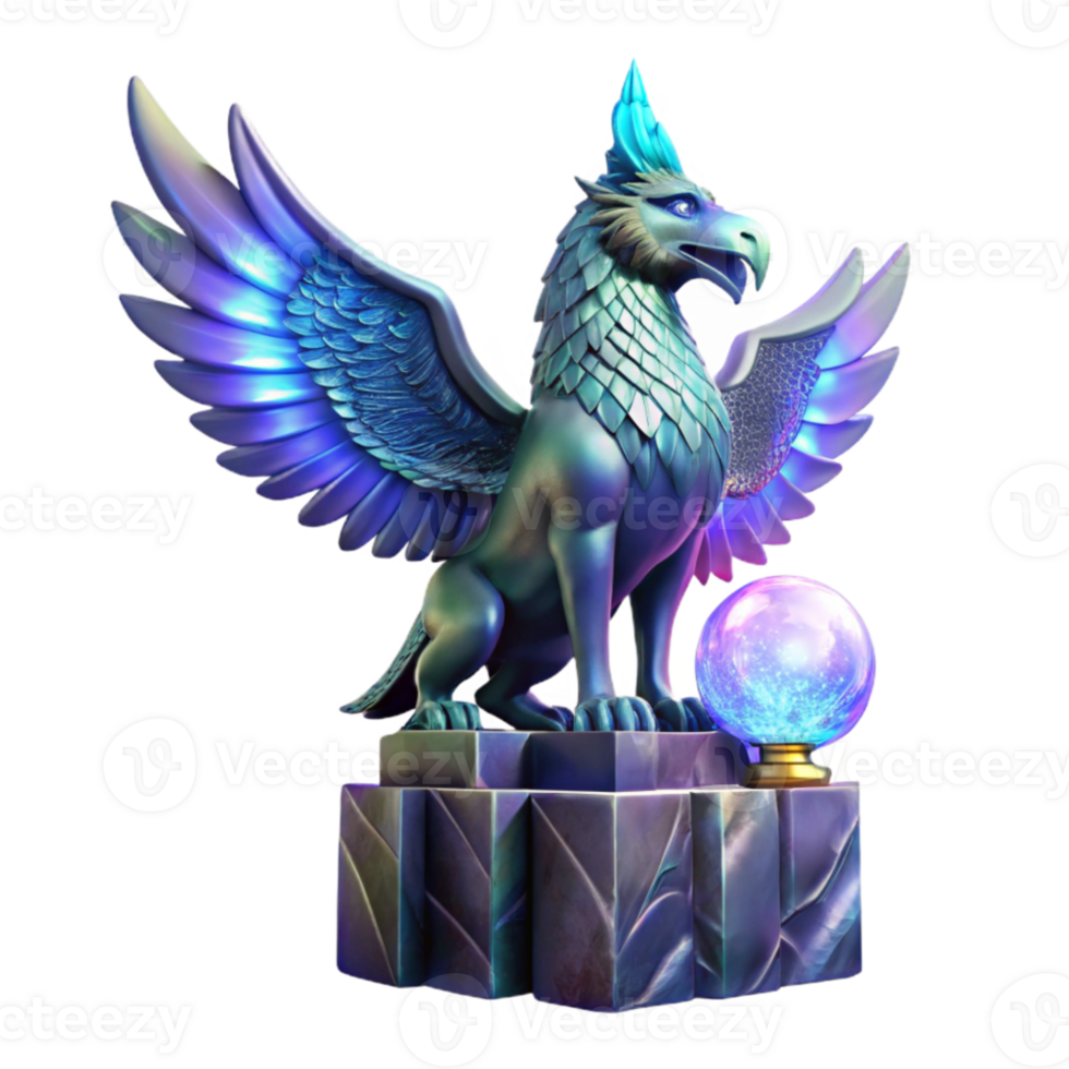 elegant vintage A majestic griffin with iridescent feathers, perched atop a crumbling obsidian tower, lit by a single beam of ethereal moonlight. Art Deco style 4K png