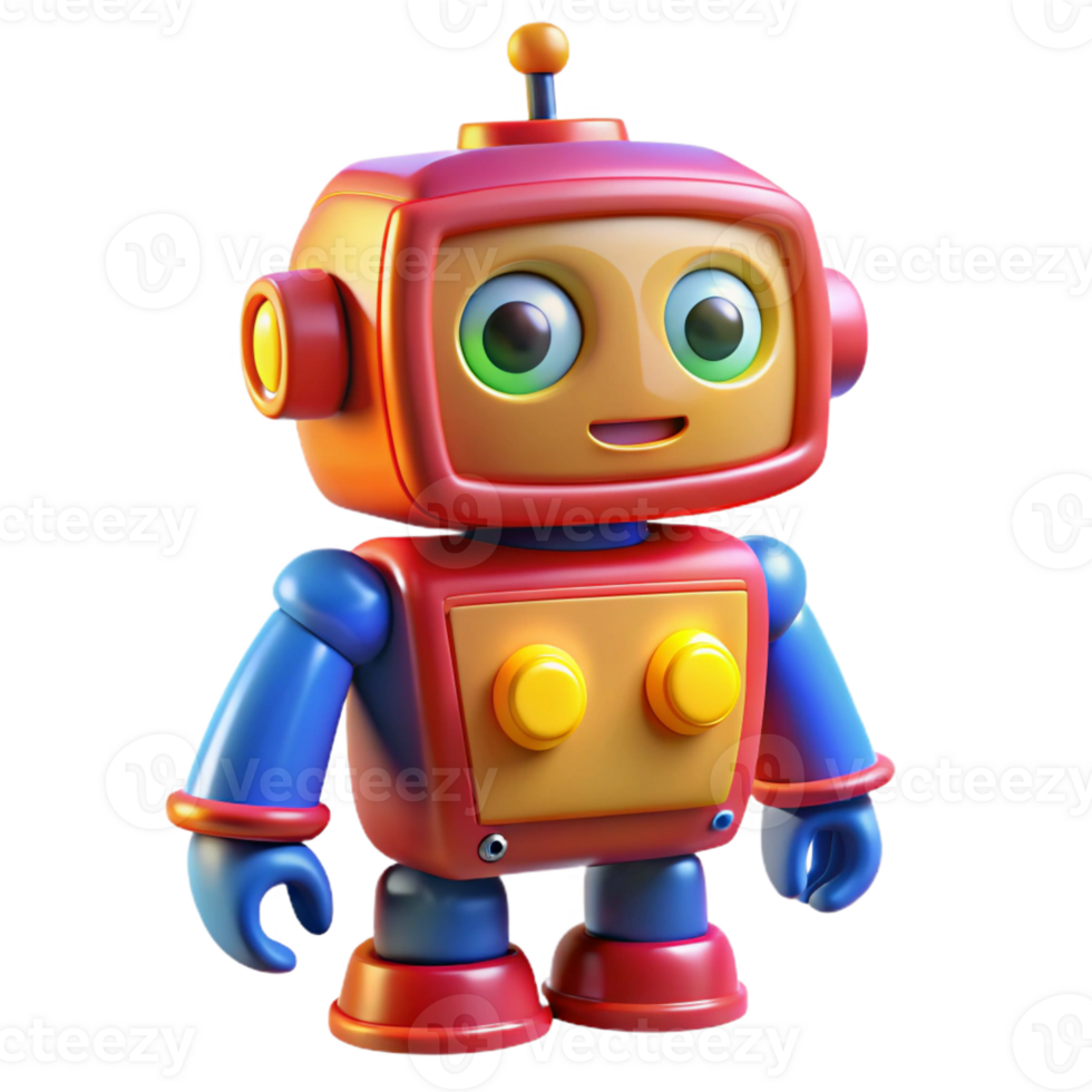 magnificent creative A whimsical, toy-like robot with bright primary colors and oversized buttons, illuminated by warm, playful lighting, in a cartoon style exclusive png