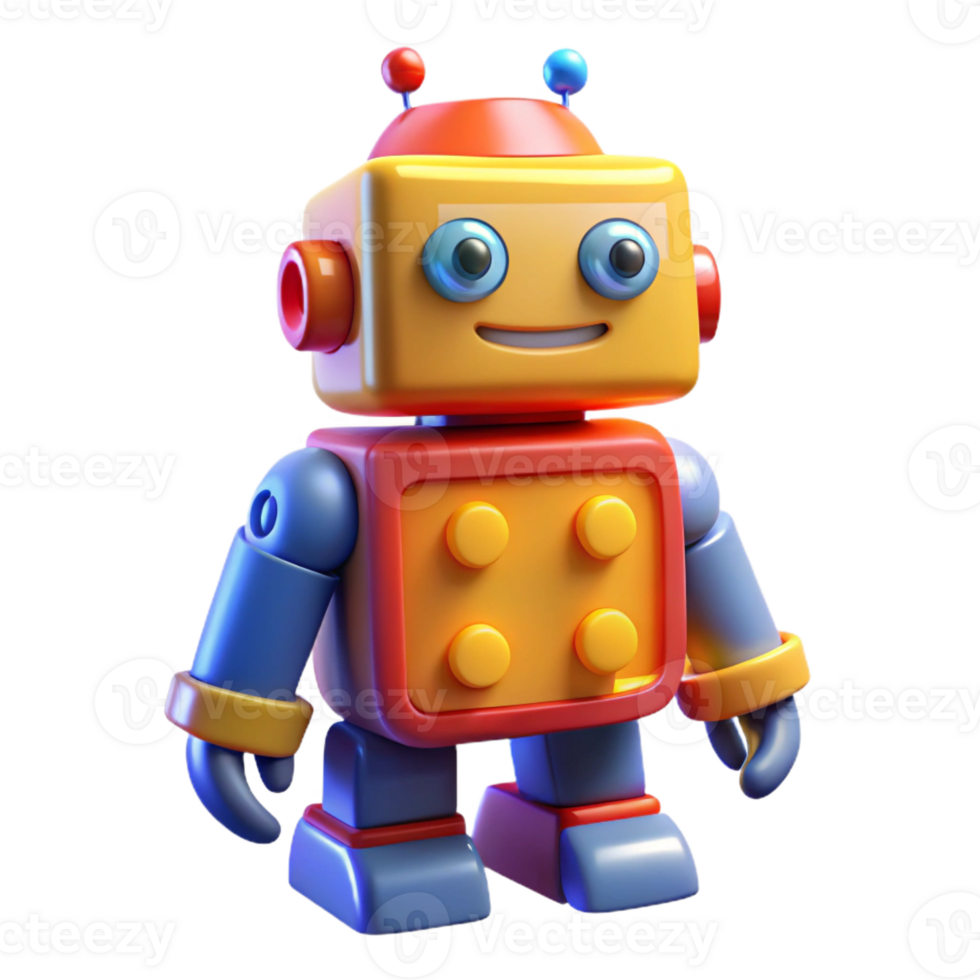 stunning rustic A whimsical, toy-like robot with bright primary colors and oversized buttons, illuminated by warm, playful lighting, in a cartoon style exclusive png