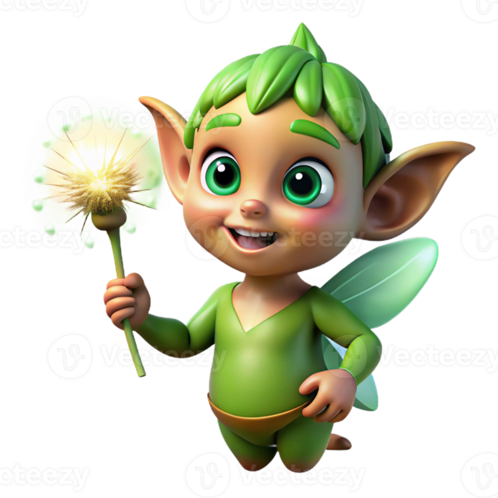 magnificent rustic A whimsical, mischievous pixie with glowing emerald eyes, holding a dandelion seedhead, illuminated by soft, dappled sunlight. Impressionist style professional png