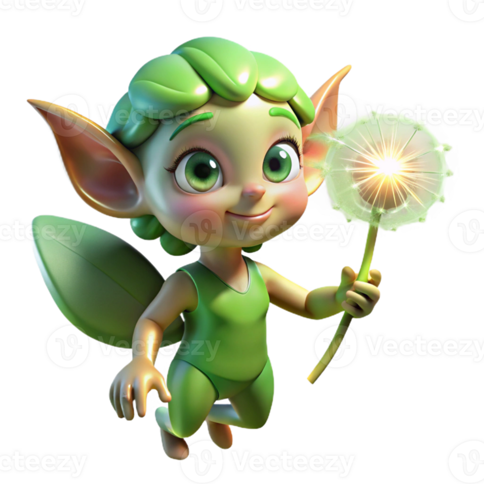 impressive vintage A whimsical, mischievous pixie with glowing emerald eyes, holding a dandelion seedhead, illuminated by soft, dappled sunlight. Impressionist style premium png