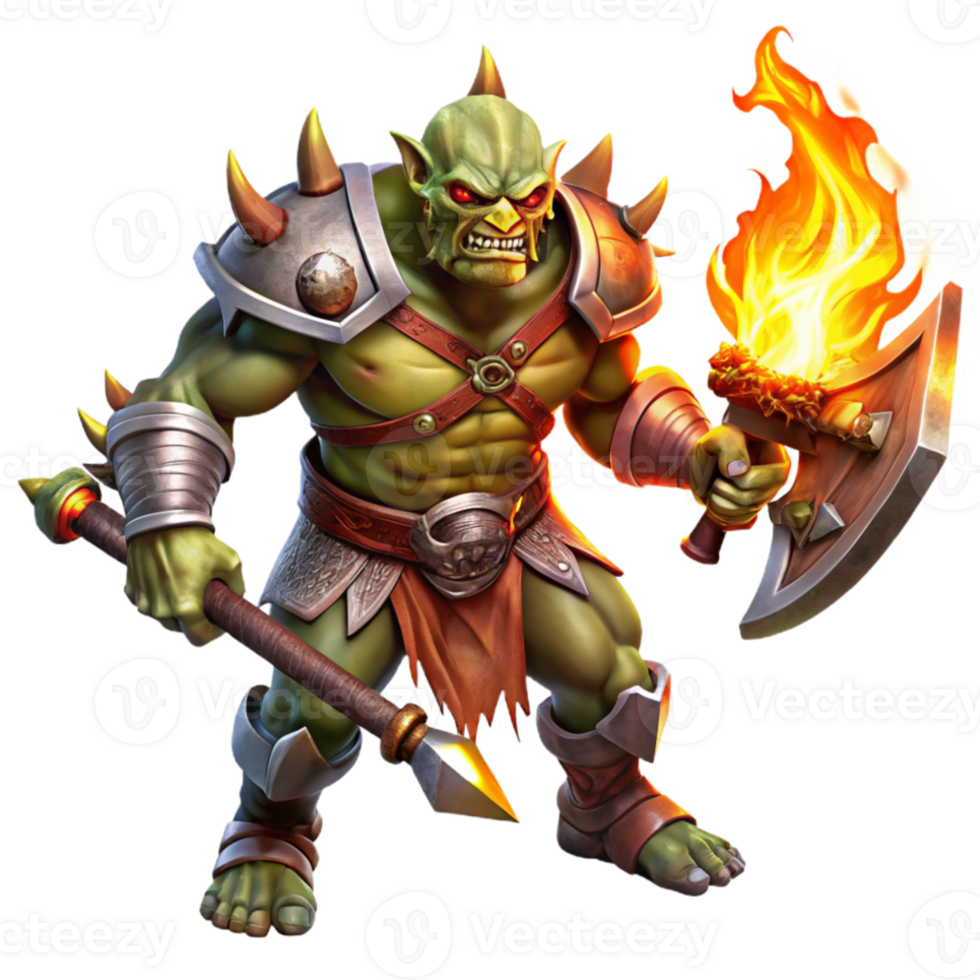 serene minimalist A fierce orc warrior wielding a flaming battle-axe, with intricate tribal tattoos glowing with infernal light. Dark fantasy style premium png