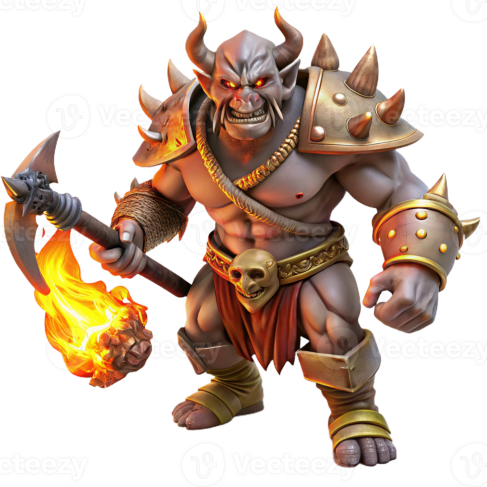 magnificent contemporary A fierce orc warrior wielding a flaming battle-axe, with intricate tribal tattoos glowing with infernal light. Dark fantasy style genuine png