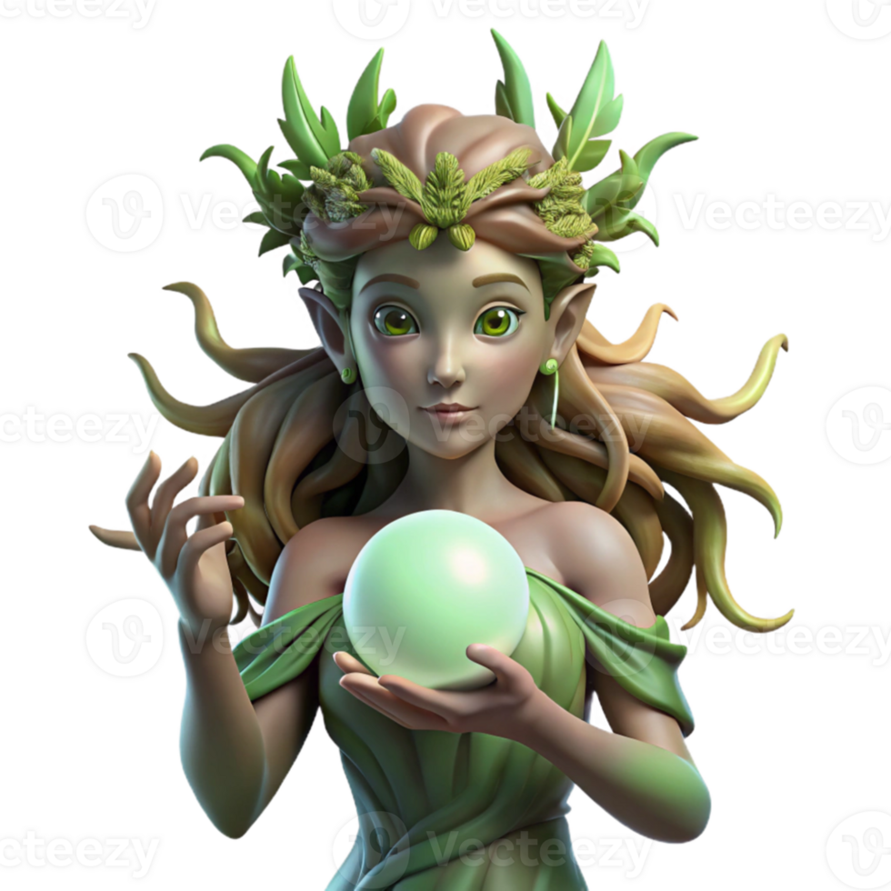 stunning abstract A serene dryad with bark-like skin and flowing, leafy hair, cradling a glowing orb of nature's magic. Art Nouveau style 4K png