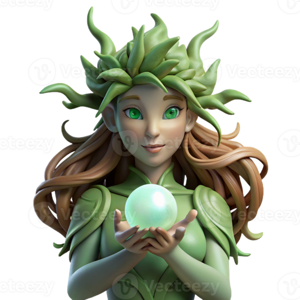 stunning rustic A serene dryad with bark-like skin and flowing, leafy hair, cradling a glowing orb of nature's magic. Art Nouveau style original png