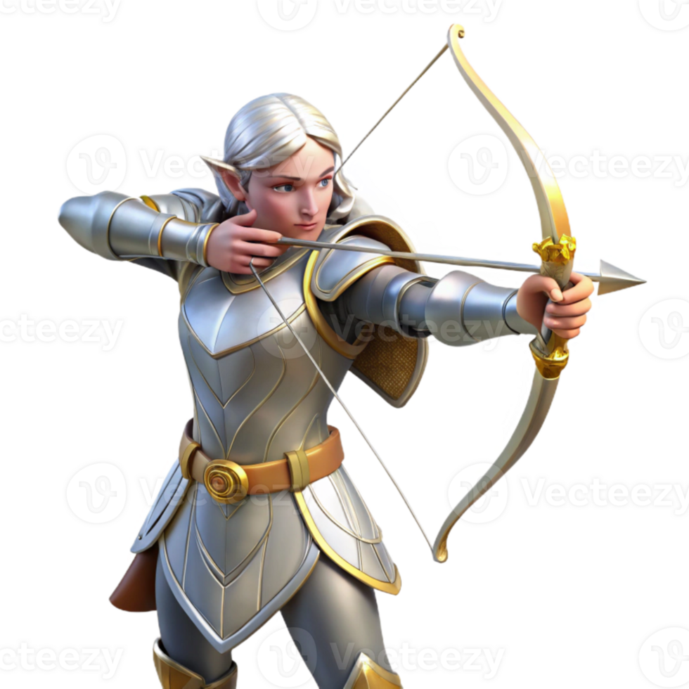 impressive contemporary A graceful elf archer, clad in silver armor, aiming a bow crafted from living wood, bathed in the golden light of dawn. Pre-Raphaelite style original png