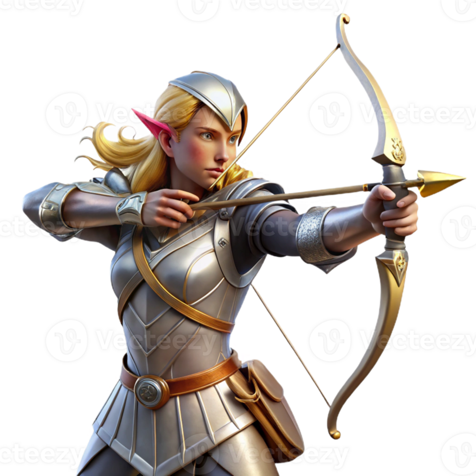 impressive rustic A graceful elf archer, clad in silver armor, aiming a bow crafted from living wood, bathed in the golden light of dawn. Pre-Raphaelite style authentic png