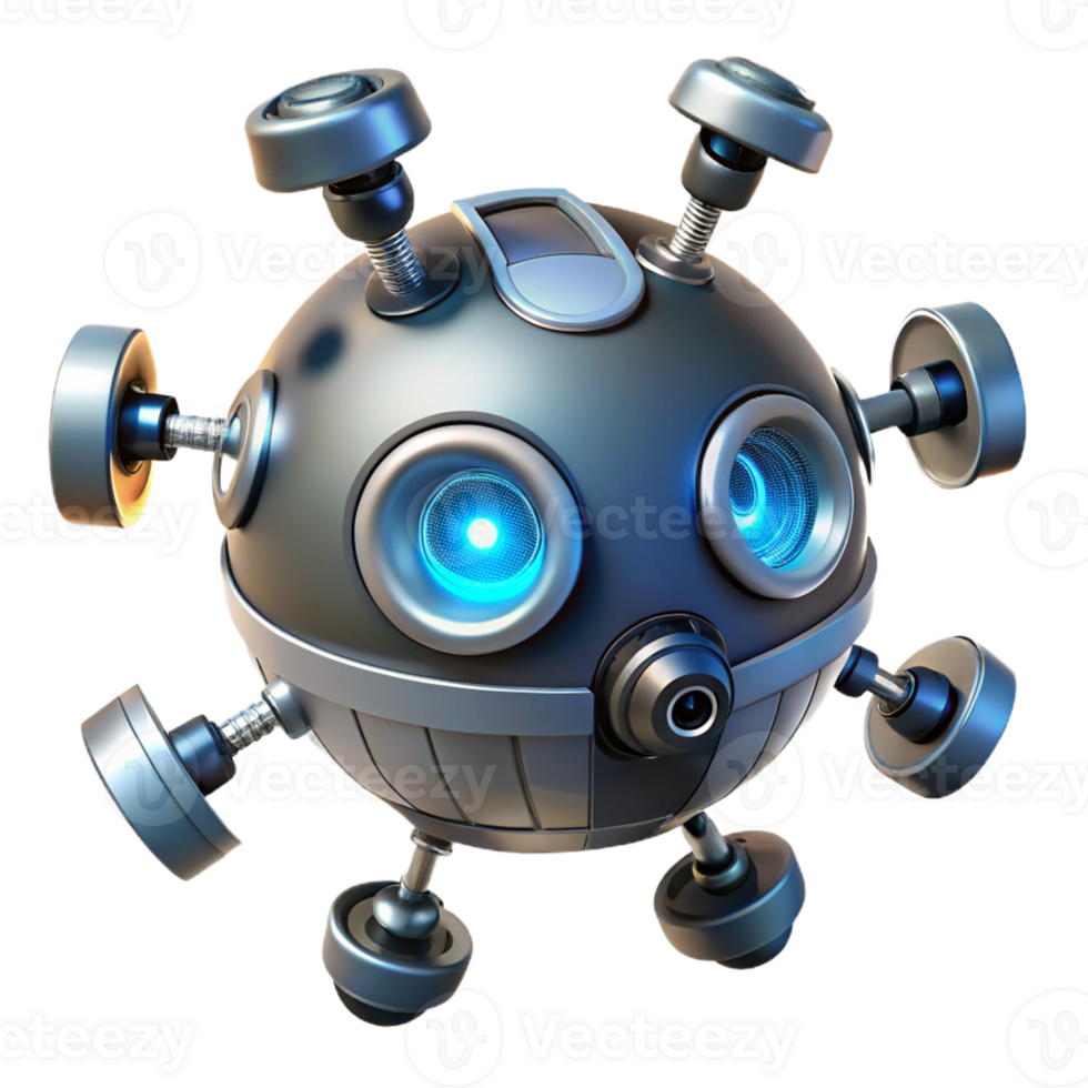 vibrant contemporary A hovering, spherical robot with multiple cameras and sensors, illuminated by directional spotlights, in a futuristic, minimalist style high quality png