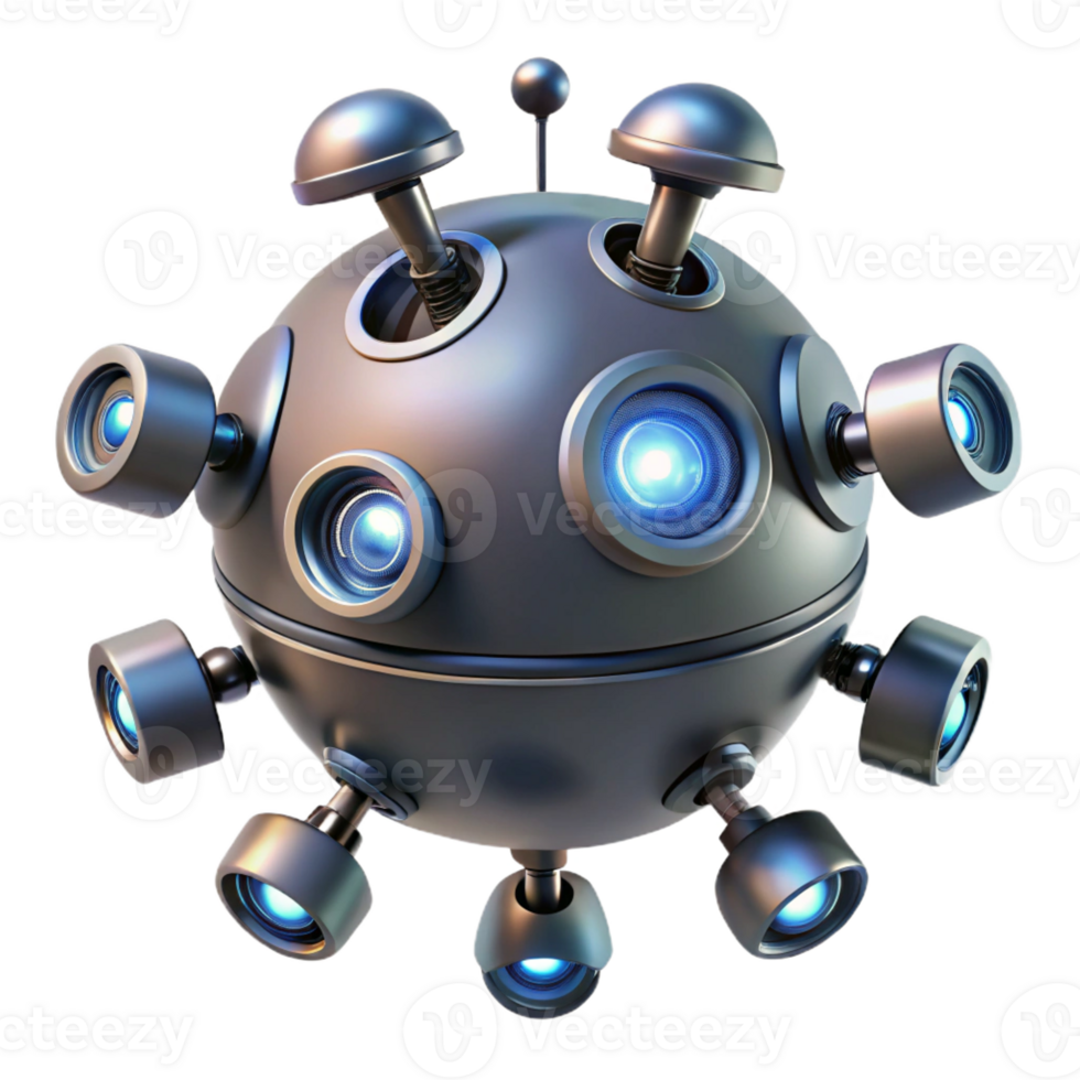 wonderful abstract A hovering, spherical robot with multiple cameras and sensors, illuminated by directional spotlights, in a futuristic, minimalist style original png