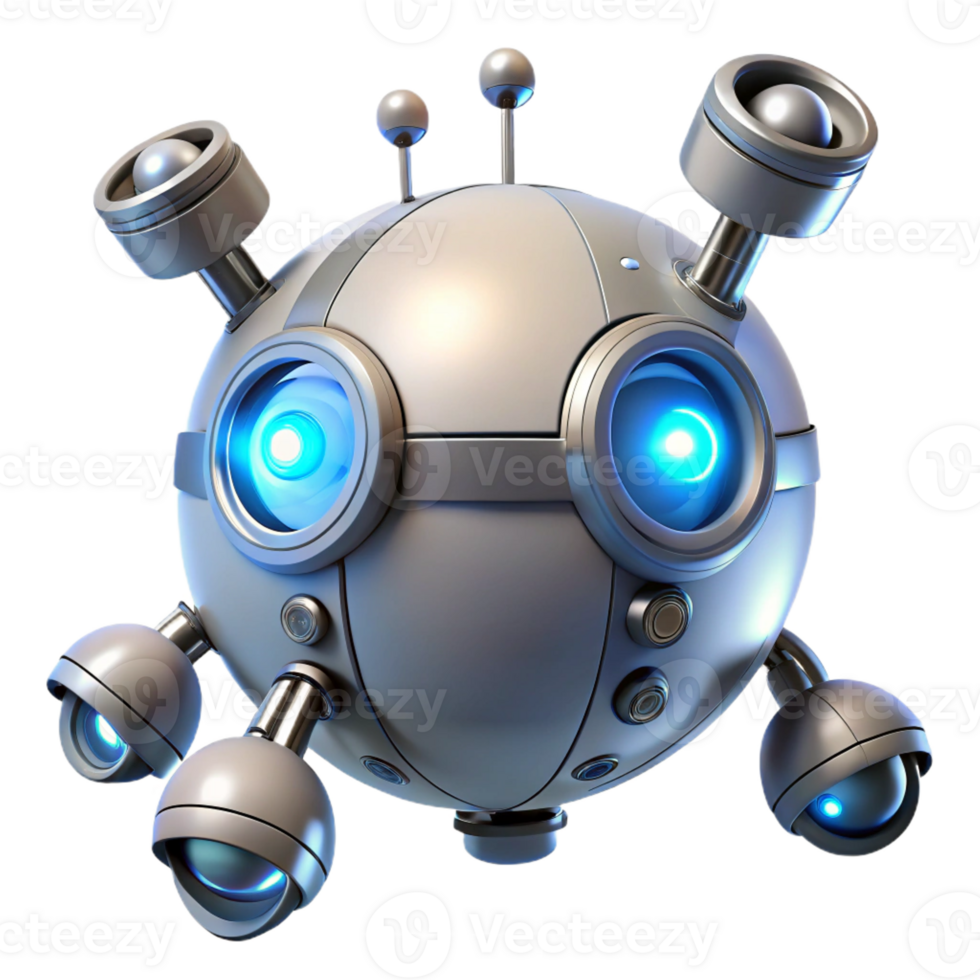 wonderful vintage A hovering, spherical robot with multiple cameras and sensors, illuminated by directional spotlights, in a futuristic, minimalist style detailed png