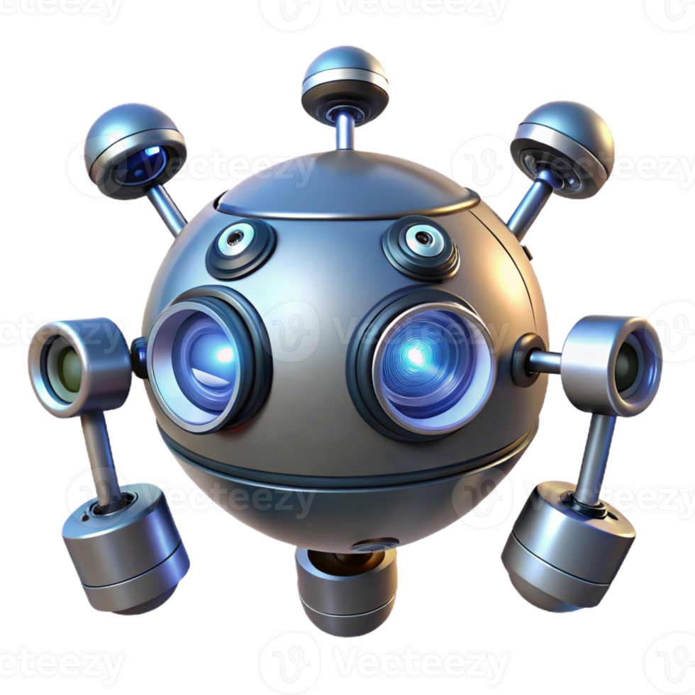 impressive contemporary A hovering, spherical robot with multiple cameras and sensors, illuminated by directional spotlights, in a futuristic, minimalist style premium png