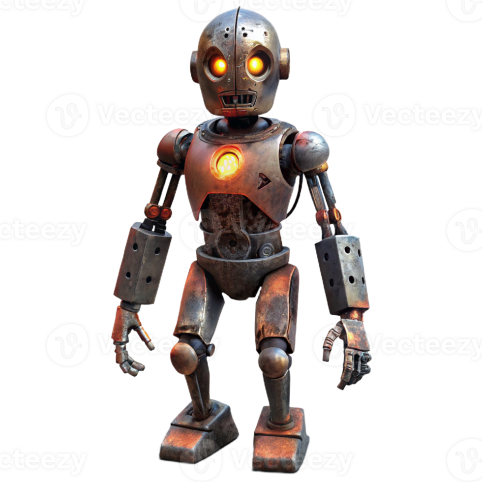 beautiful creative A damaged, post-apocalyptic robot with missing limbs and exposed wires, illuminated by the dim light of a ruined city, in a dark, gritty style professional png