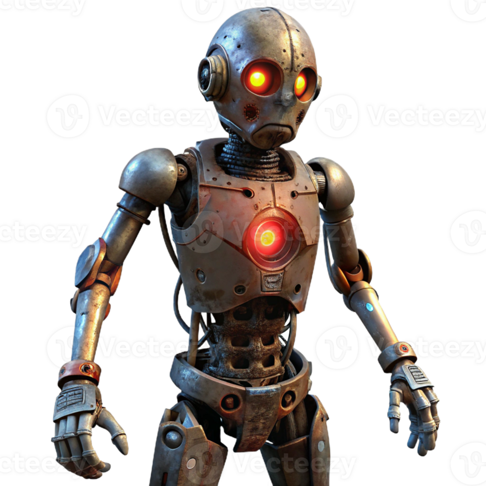 dramatic modern A damaged, post-apocalyptic robot with missing limbs and exposed wires, illuminated by the dim light of a ruined city, in a dark, gritty style detailed png