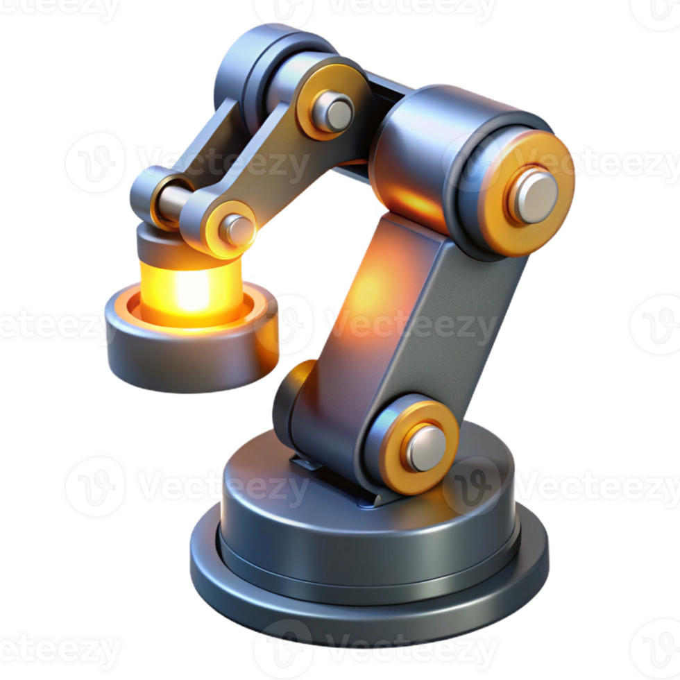 elegant artistic A highly detailed, industrial robot arm performing a complex task, illuminated by factory lighting, in a photorealistic style detailed png