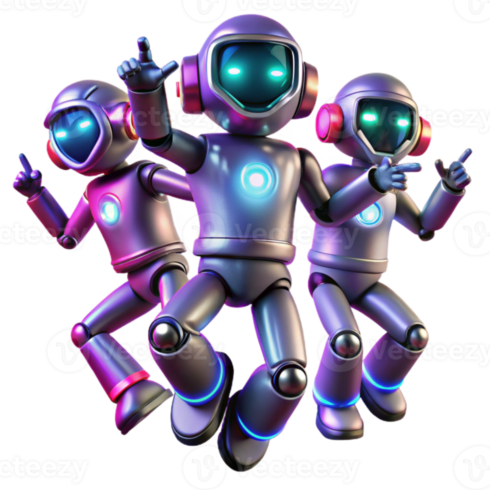 wonderful minimalist A group of synchronized dancing robots with glowing LED lights, illuminated by stage lighting, in a dynamic, energetic style high resolution png