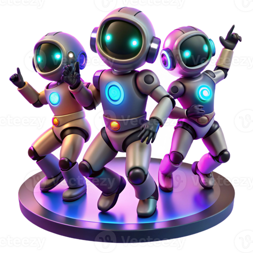 serene traditional A group of synchronized dancing robots with glowing LED lights, illuminated by stage lighting, in a dynamic, energetic style exclusive png