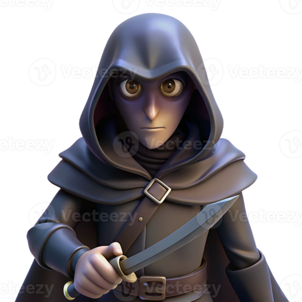 magnificent minimalist A cunning rogue with a hooded cloak and daggers at the ready, lurking in the shadows, lit by a single ray of moonlight. Noir fantasy style premium png