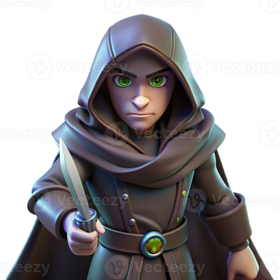 extraordinary traditional A cunning rogue with a hooded cloak and daggers at the ready, lurking in the shadows, lit by a single ray of moonlight. Noir fantasy style high quality png
