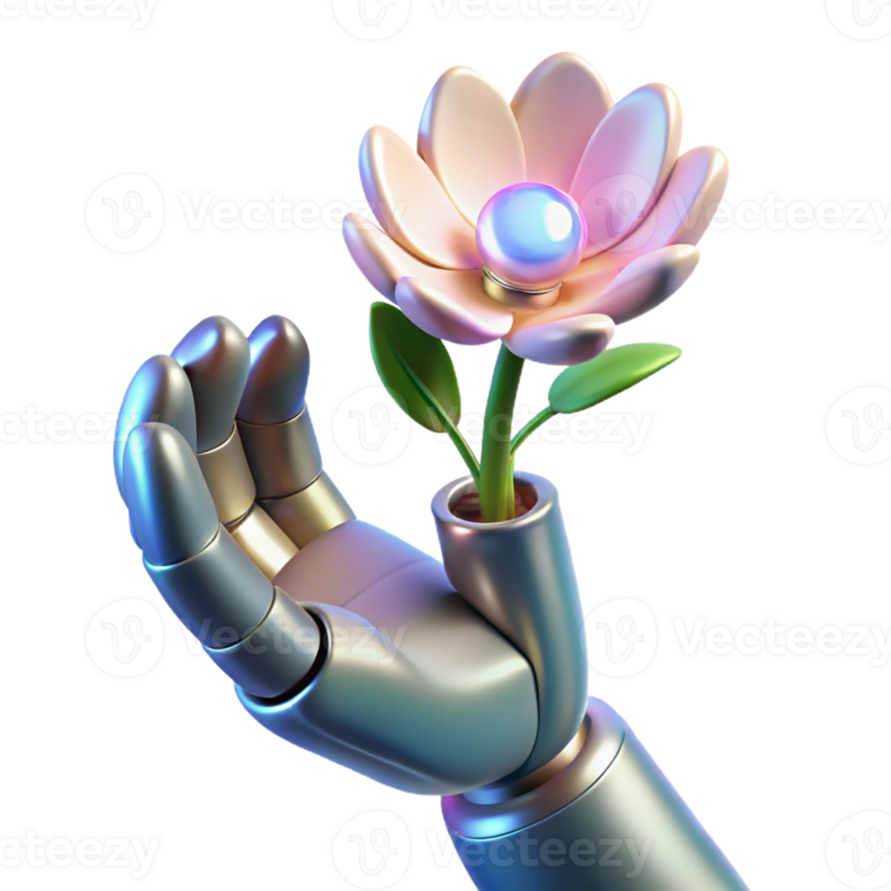 beautiful modern A robotic hand holding a delicate flower, illuminated by soft, natural light, in a poetic style professional png