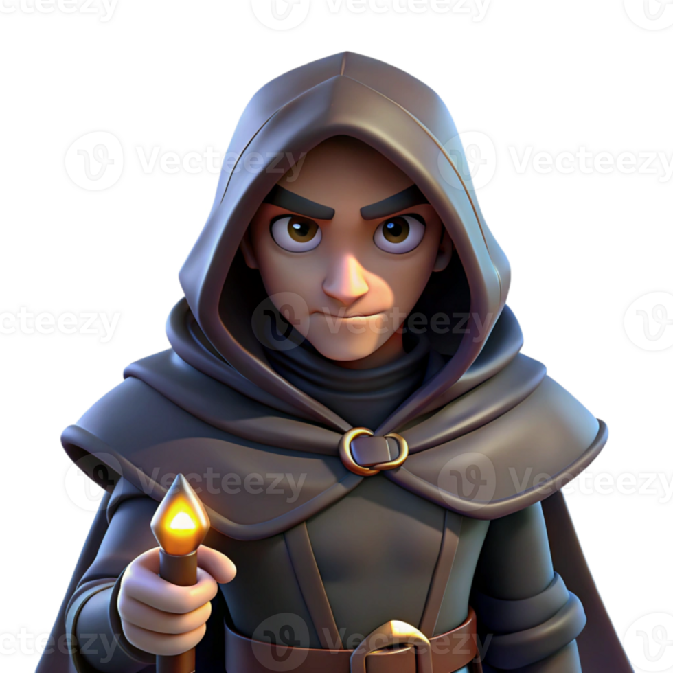 serene traditional A cunning rogue with a hooded cloak and daggers at the ready, lurking in the shadows, lit by a single ray of moonlight. Noir fantasy style premium png
