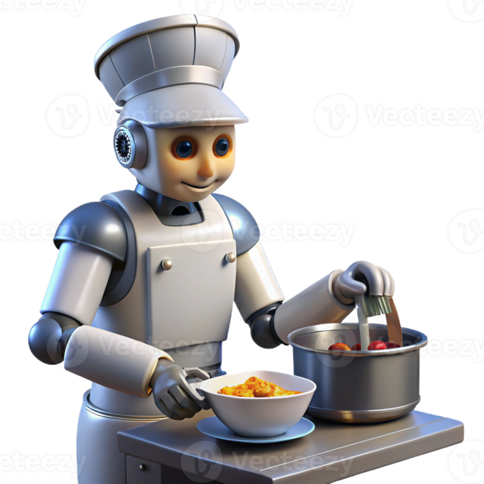 vibrant artistic A robot chef preparing a meal with precise movements, illuminated by kitchen lighting, in a realistic style high quality png