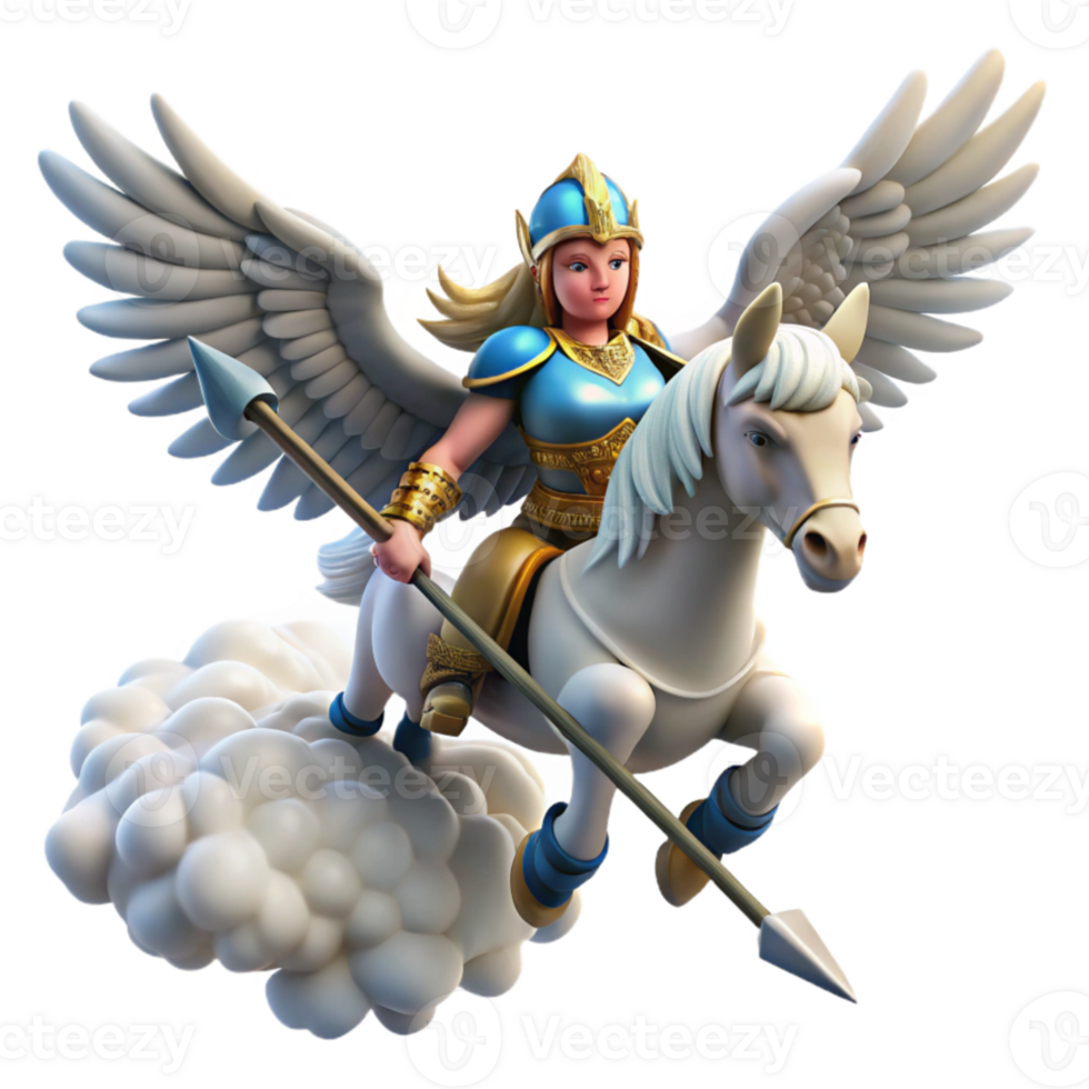 dramatic minimalist A fierce Valkyrie with winged helmet and spear, riding a majestic pegasus through the clouds. Norse mythology style high resolution png