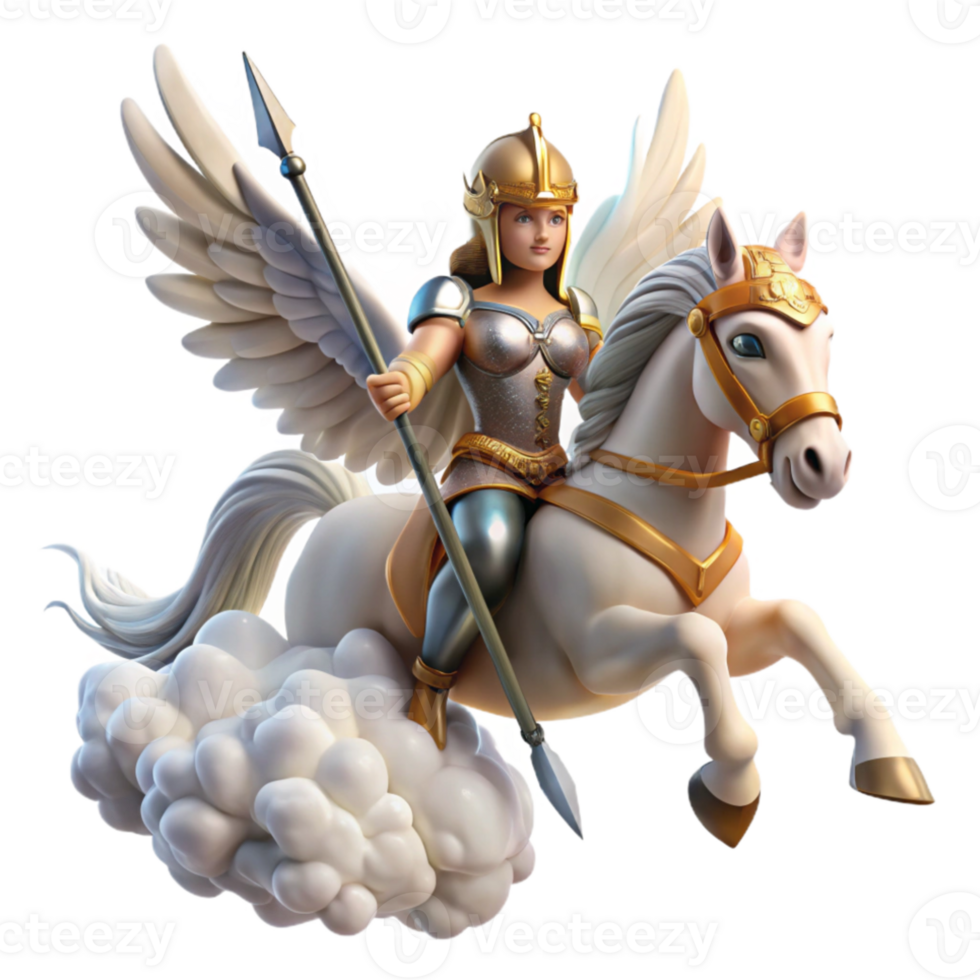 serene minimalist A fierce Valkyrie with winged helmet and spear, riding a majestic pegasus through the clouds. Norse mythology style original png