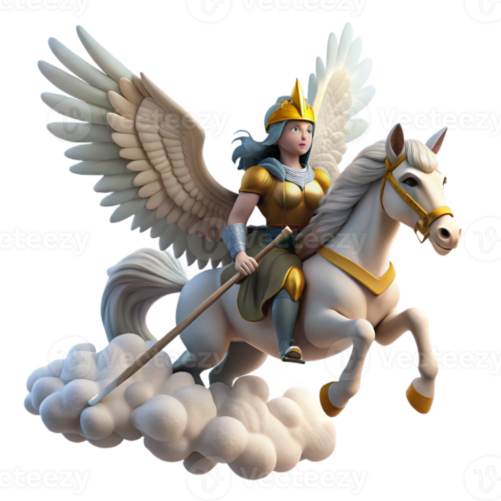 extraordinary modern A fierce Valkyrie with winged helmet and spear, riding a majestic pegasus through the clouds. Norse mythology style premium png
