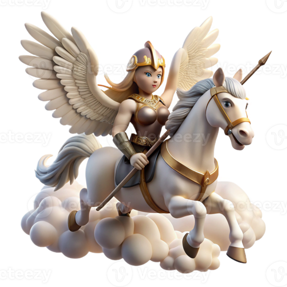 beautiful vintage A fierce Valkyrie with winged helmet and spear, riding a majestic pegasus through the clouds. Norse mythology style 4K png