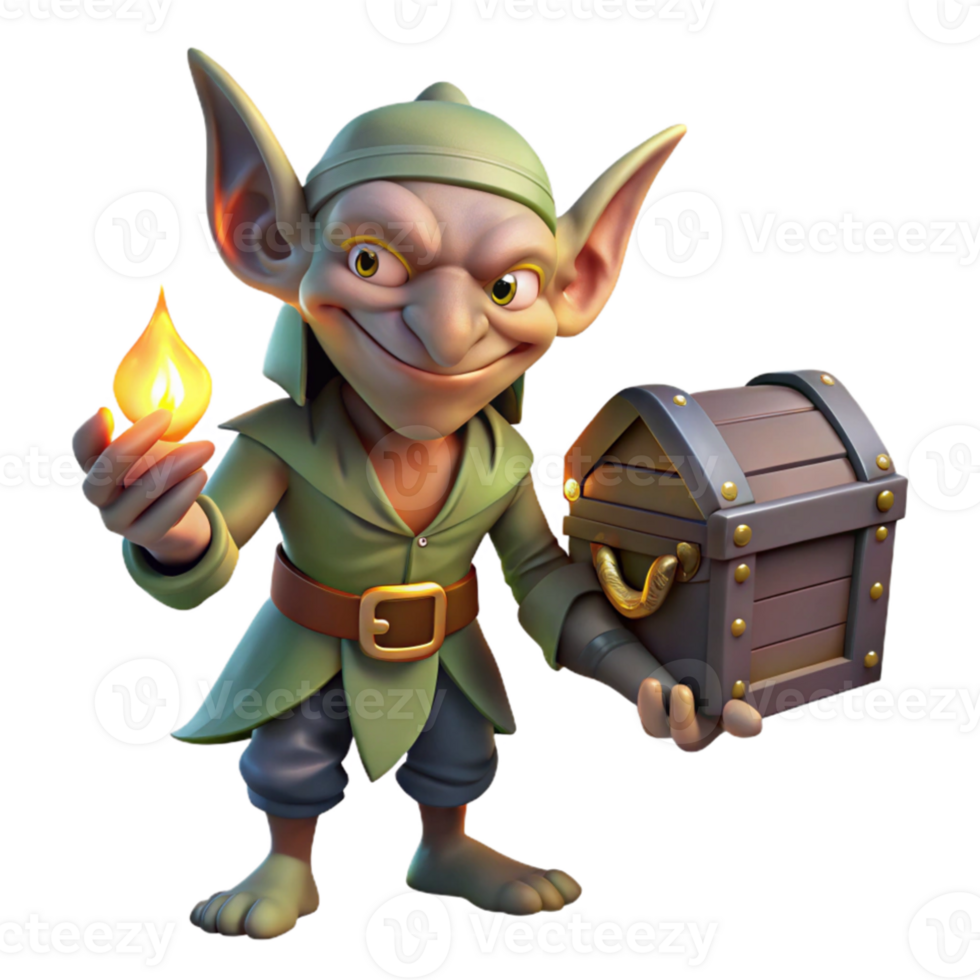 magnificent traditional A mischievous goblin with pointed ears and sharp claws, holding a stolen treasure chest, illuminated by the flickering light of a campfire. Folklore style premium png