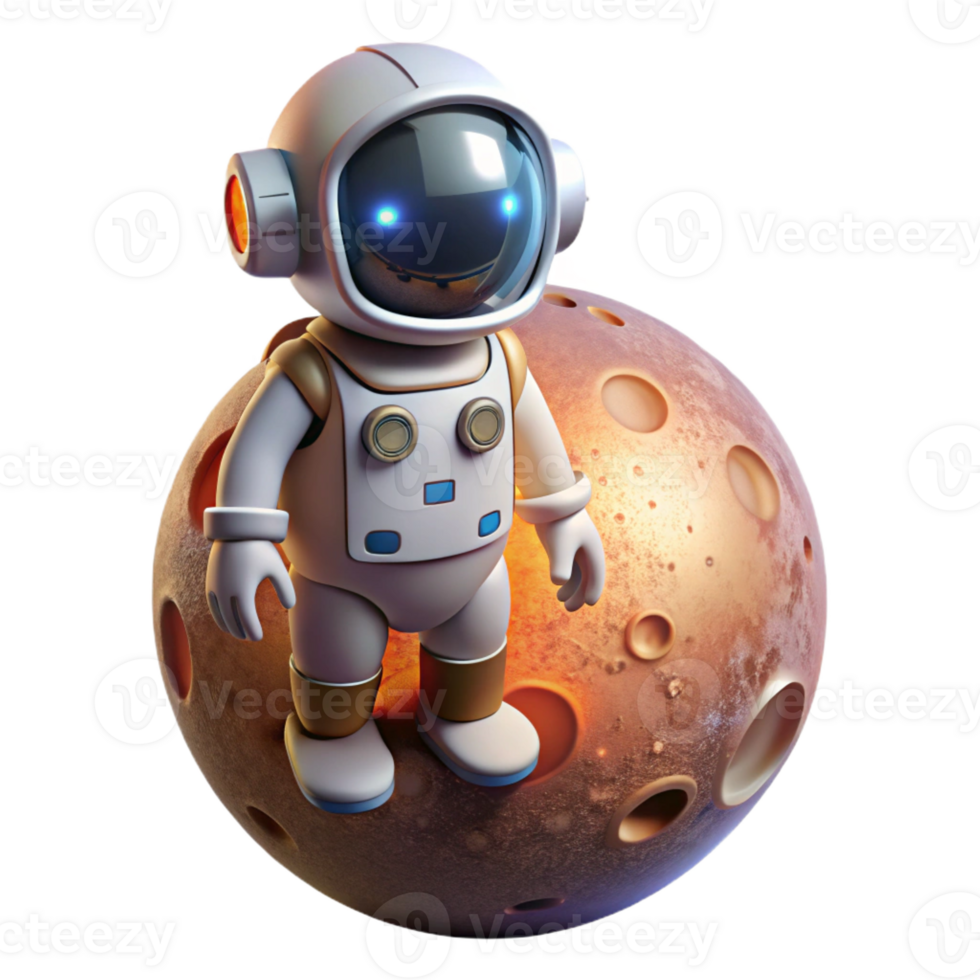 vibrant creative A robot astronaut exploring the surface of a new planet, illuminated by the planet's light, in a space exploration style high quality png