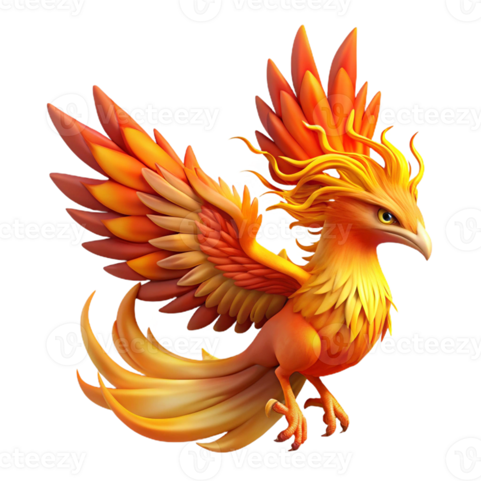 elegant creative A majestic phoenix with fiery plumage, rising from the ashes, illuminated by the intense glow of its own flames. Mythological style high quality png