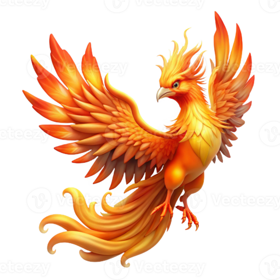serene modern A majestic phoenix with fiery plumage, rising from the ashes, illuminated by the intense glow of its own flames. Mythological style genuine png