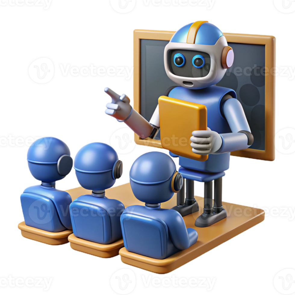 extraordinary creative A robot teacher instructing students in a virtual classroom, illuminated by screen light, in an educational style detailed png