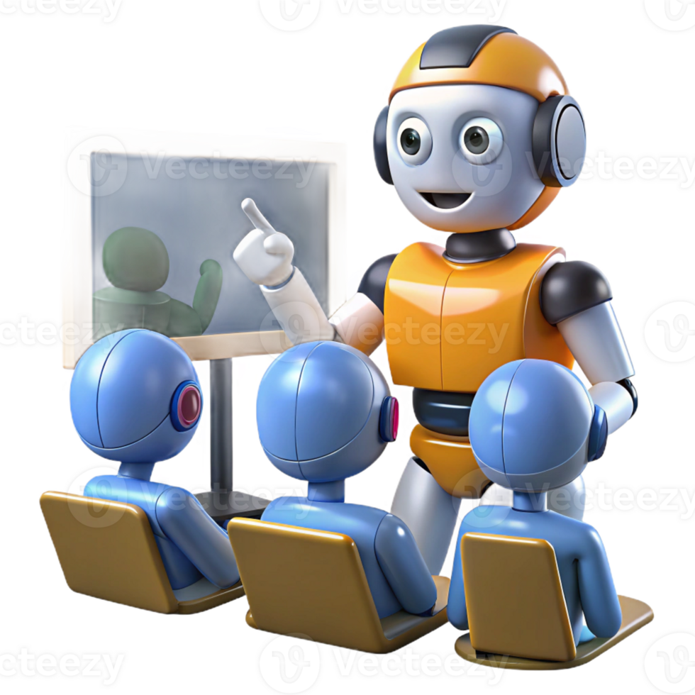 elegant rustic A robot teacher instructing students in a virtual classroom, illuminated by screen light, in an educational style high resolution png