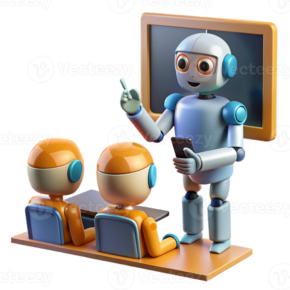 vibrant classic A robot teacher instructing students in a virtual classroom, illuminated by screen light, in an educational style high quality png